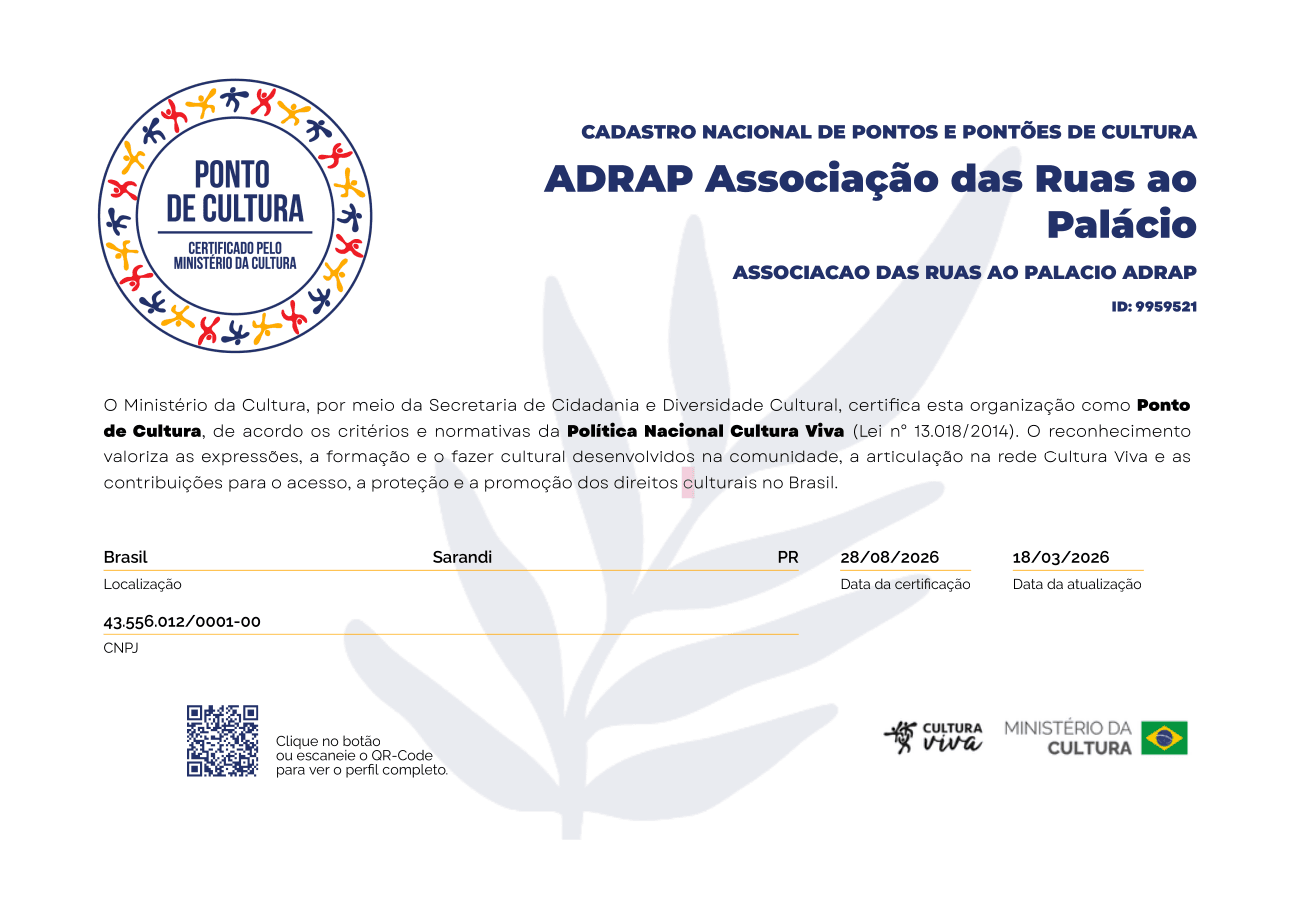Certificado da ADRAP como Ponto de Cultura pelo Ministério da Cultura
